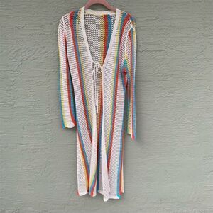 SHEIN Women's Colorful Striped Open-Knit Crochet Cardigan One Size Long